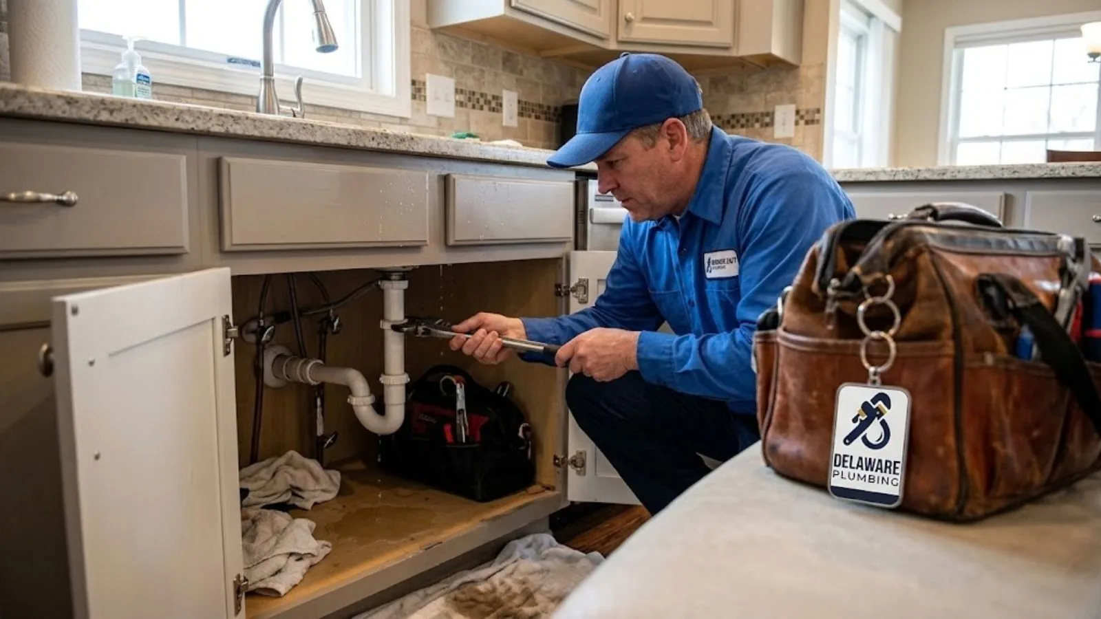 Emergency plumber repairing a kitchen sink in a Delaware, Ohio home